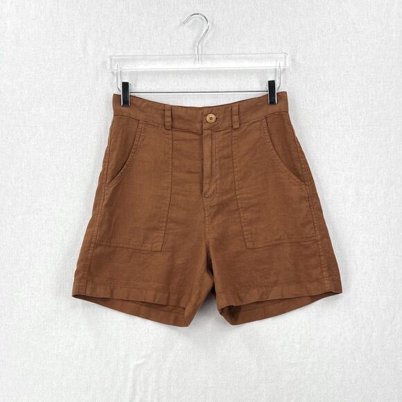 ENZA COSTA Linen High Waisted Short Womens Medium Brown Lightweight Quiet Luxury - Picture 2 of 16
